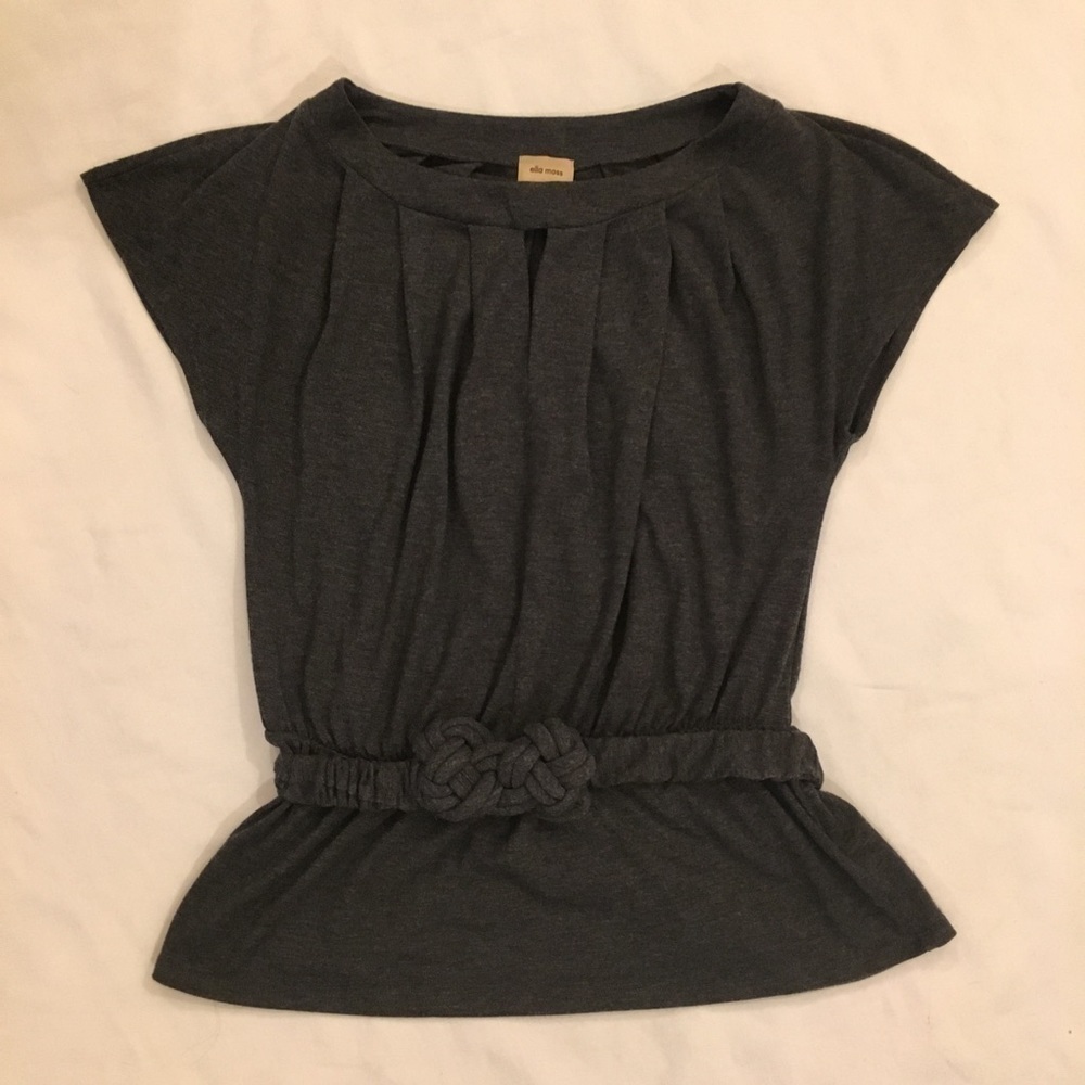Vintage ELLA MOSS Women Gray Belted Short Sleeve Top Size Xsmall-Made in USA